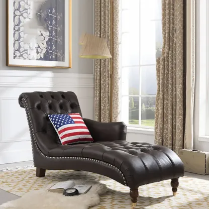 Faux Leather Right Arm Facing Button Tufted Chaise Lounge with Nailhead Trim Image - 8