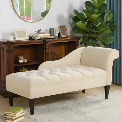 Contemporary Beige Chenille One Arm Facing Tufted Roll Arm Indoor Living Room Chaise Lounge Chair Image - 2