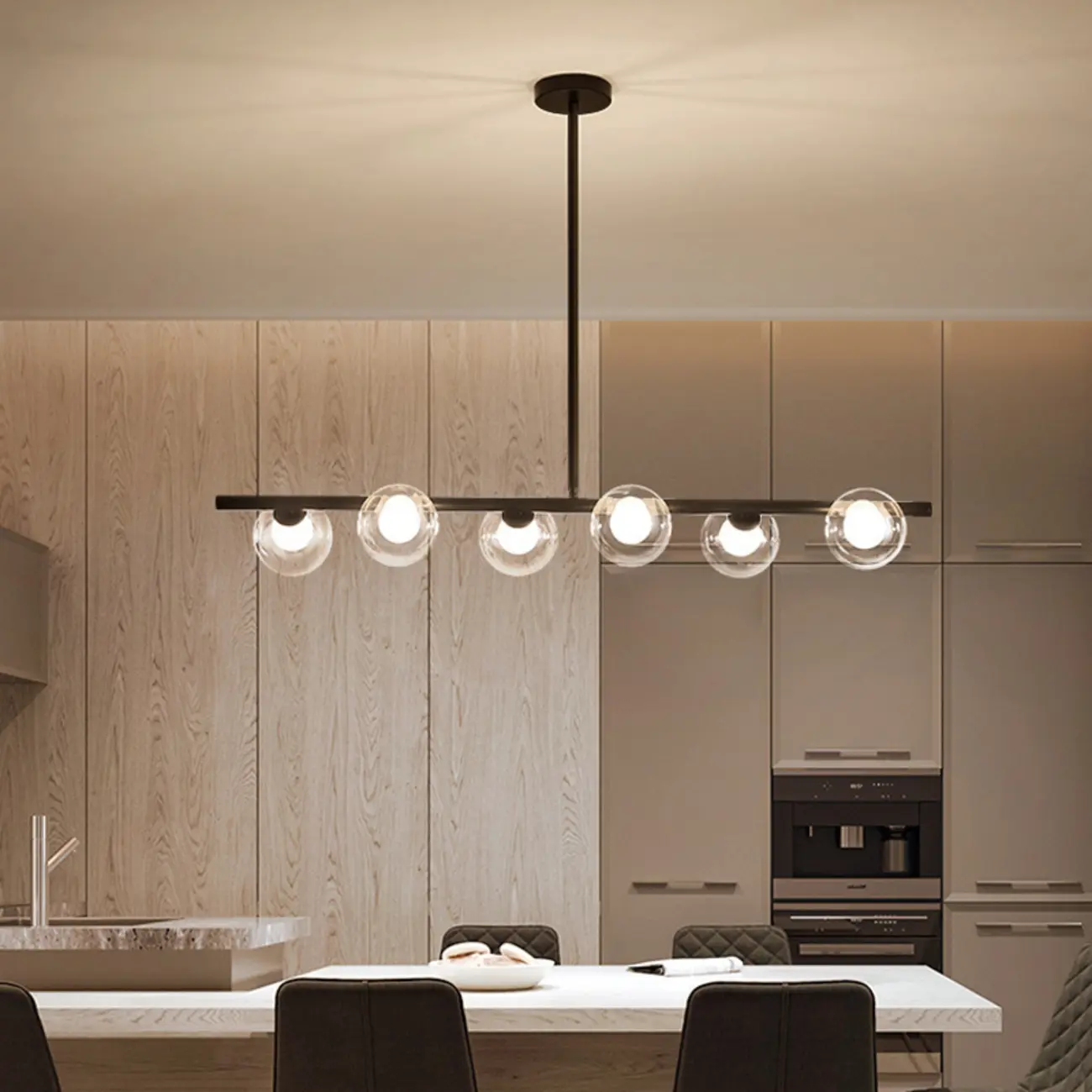 Gold Linear Island Light with 6 Lights Transparent Glass Globe Shades Image - 2 | homeyfad
