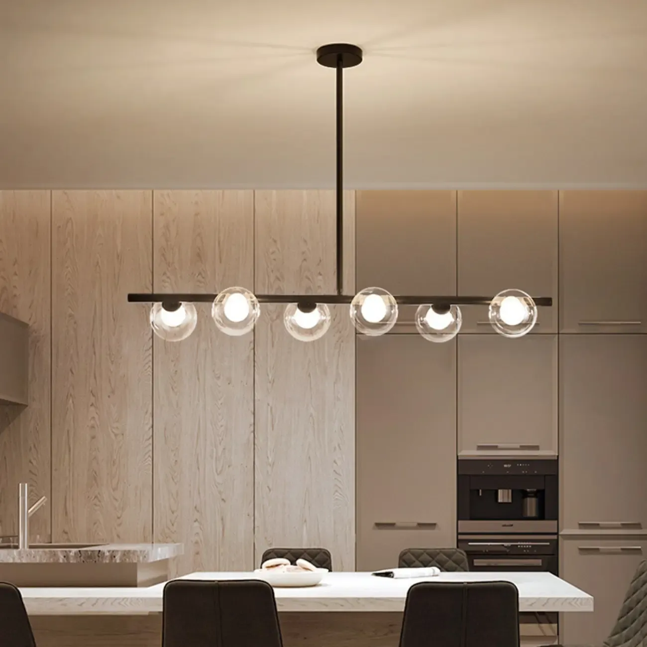 Gold Linear Island Light with 6 Lights Transparent Glass Globe Shades Image - 2