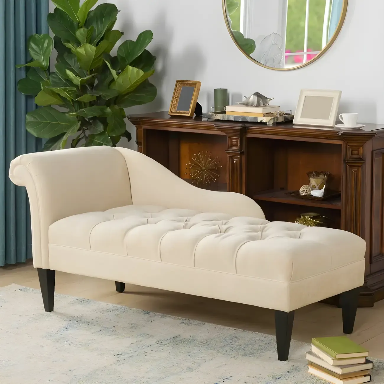 Contemporary Beige Chenille One Arm Facing Tufted Roll Arm Indoor Living Room Chaise Lounge Chair Image - 3