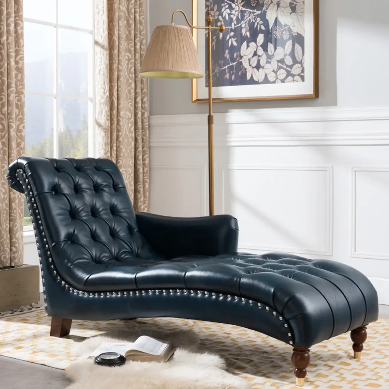 Faux Leather Right Arm Facing Button Tufted Chaise Lounge with Nailhead Trim Image - 10