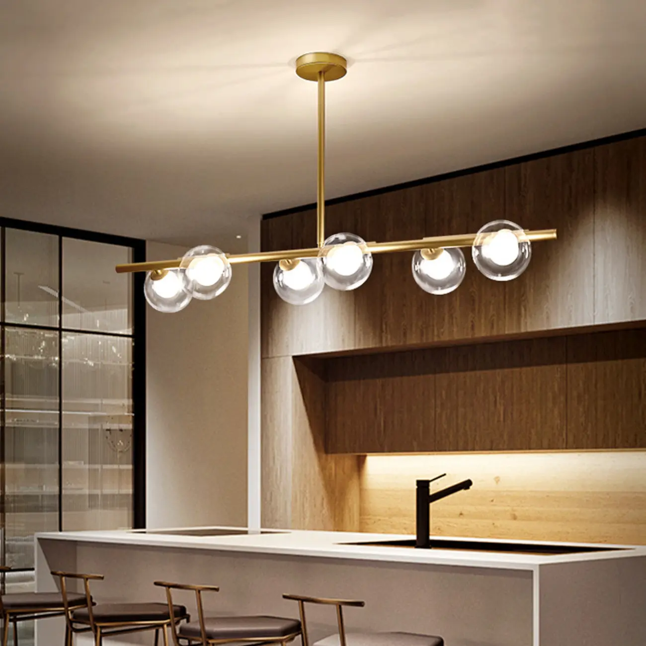 Gold Linear Island Light with 6 Lights Transparent Glass Globe Shades Image - 3 | homeyfad