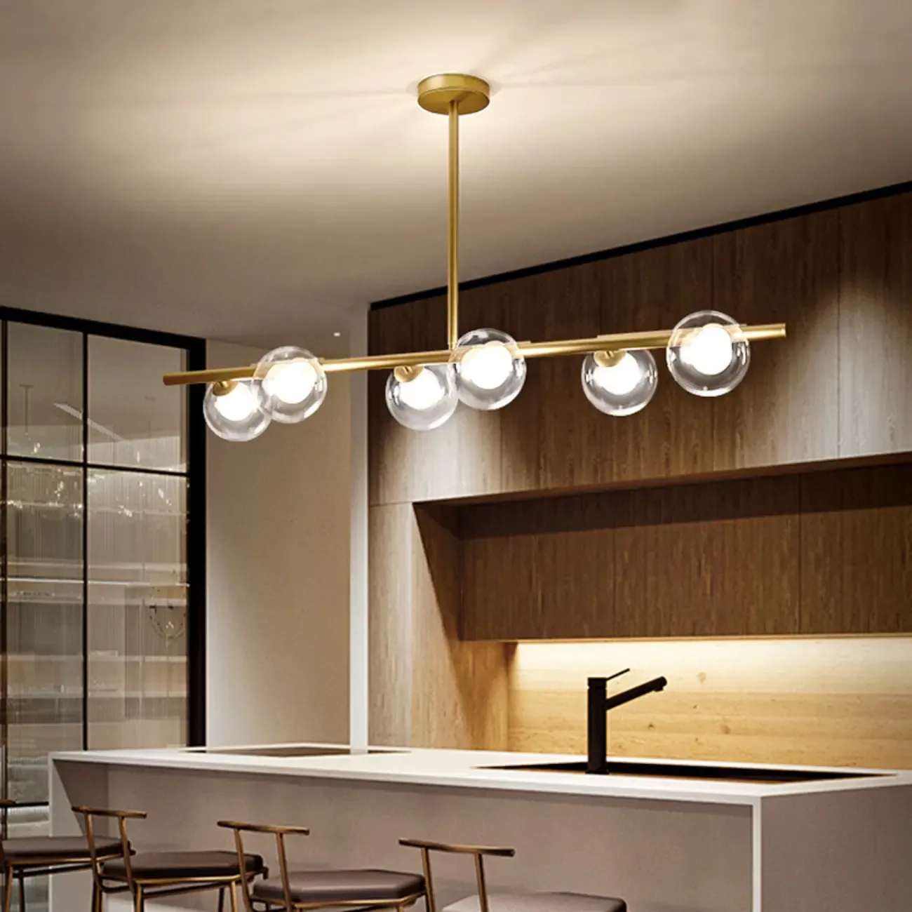 Gold Linear Island Light with 6 Lights Transparent Glass Globe Shades Image - 3