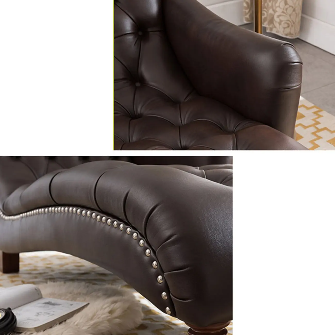 Faux Leather Right Arm Facing Button Tufted Chaise Lounge with Nailhead Trim Image - 11 | homeyfad