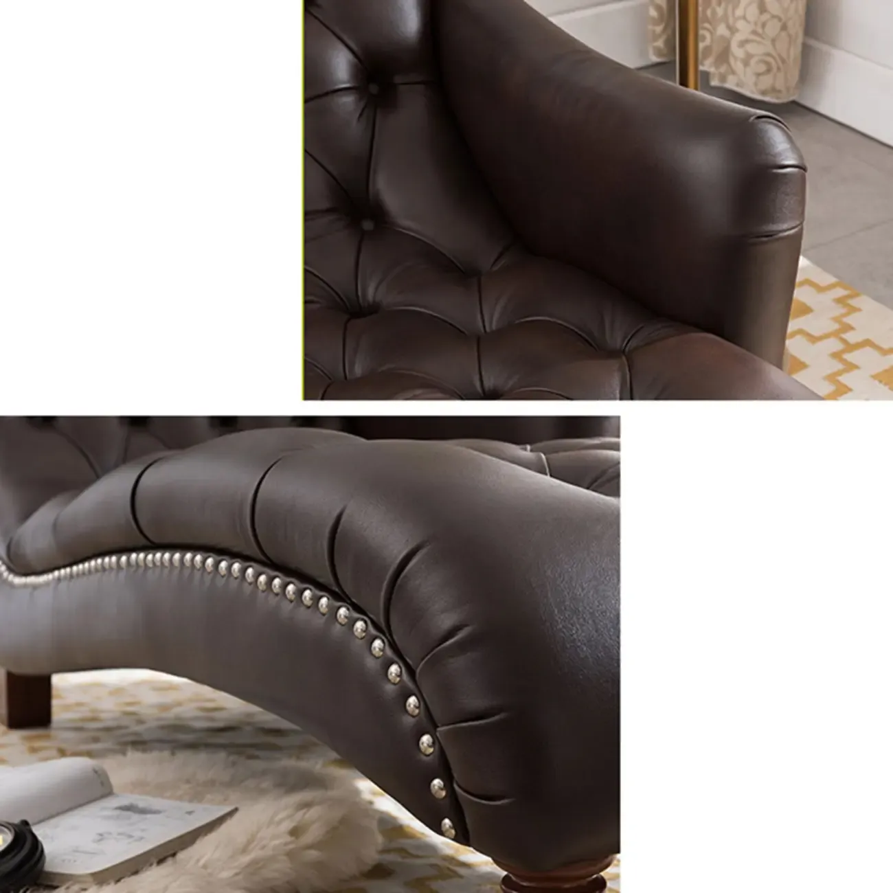 Faux Leather Right Arm Facing Button Tufted Chaise Lounge with Nailhead Trim Image - 11