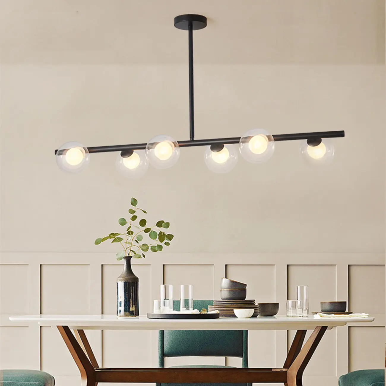 Gold Linear Island Light with 6 Lights Transparent Glass Globe Shades Image - 4 | homeyfad