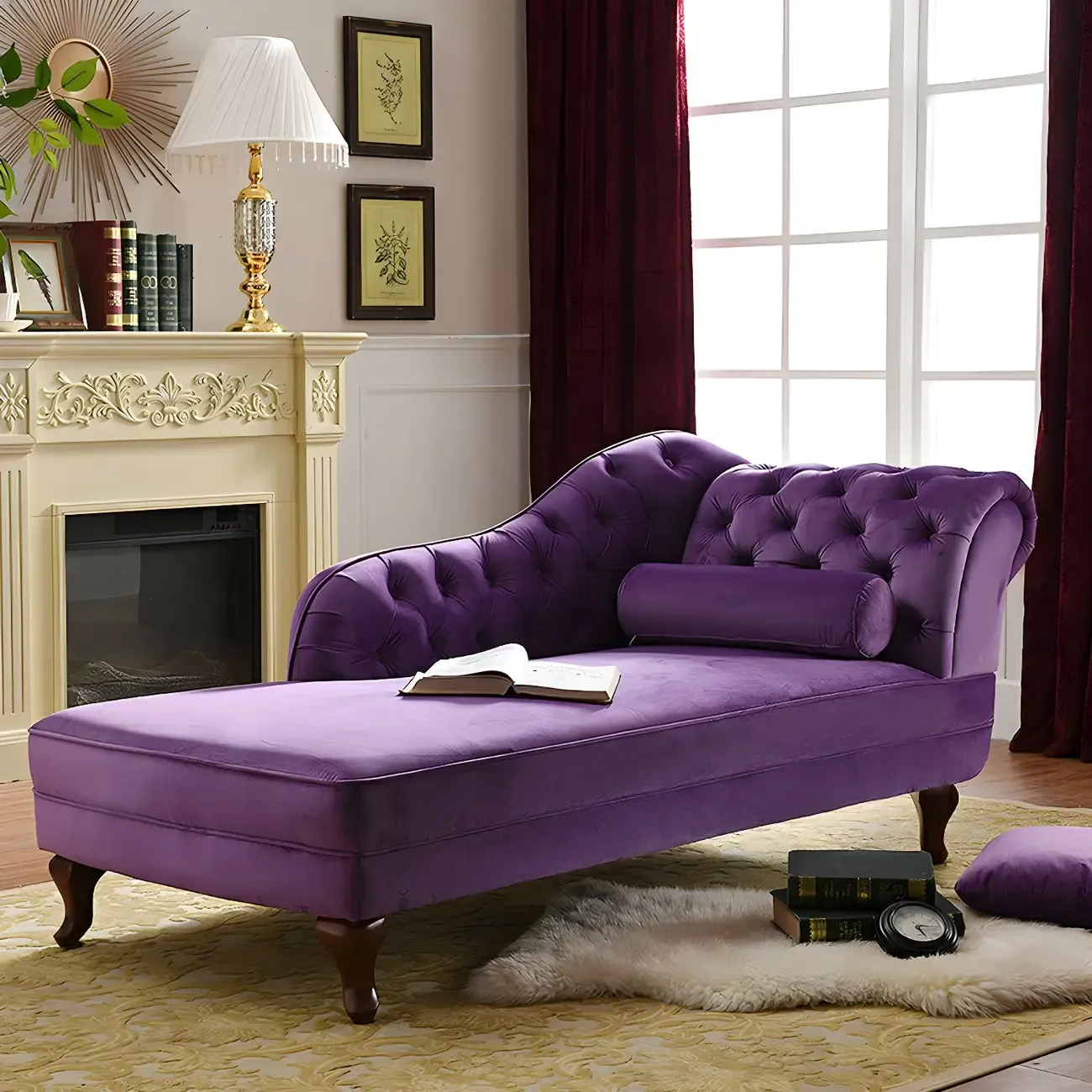 French Retro Modern Velvet Single Arm Facing Tufted Chaise Lounge with Pillow Image - 1