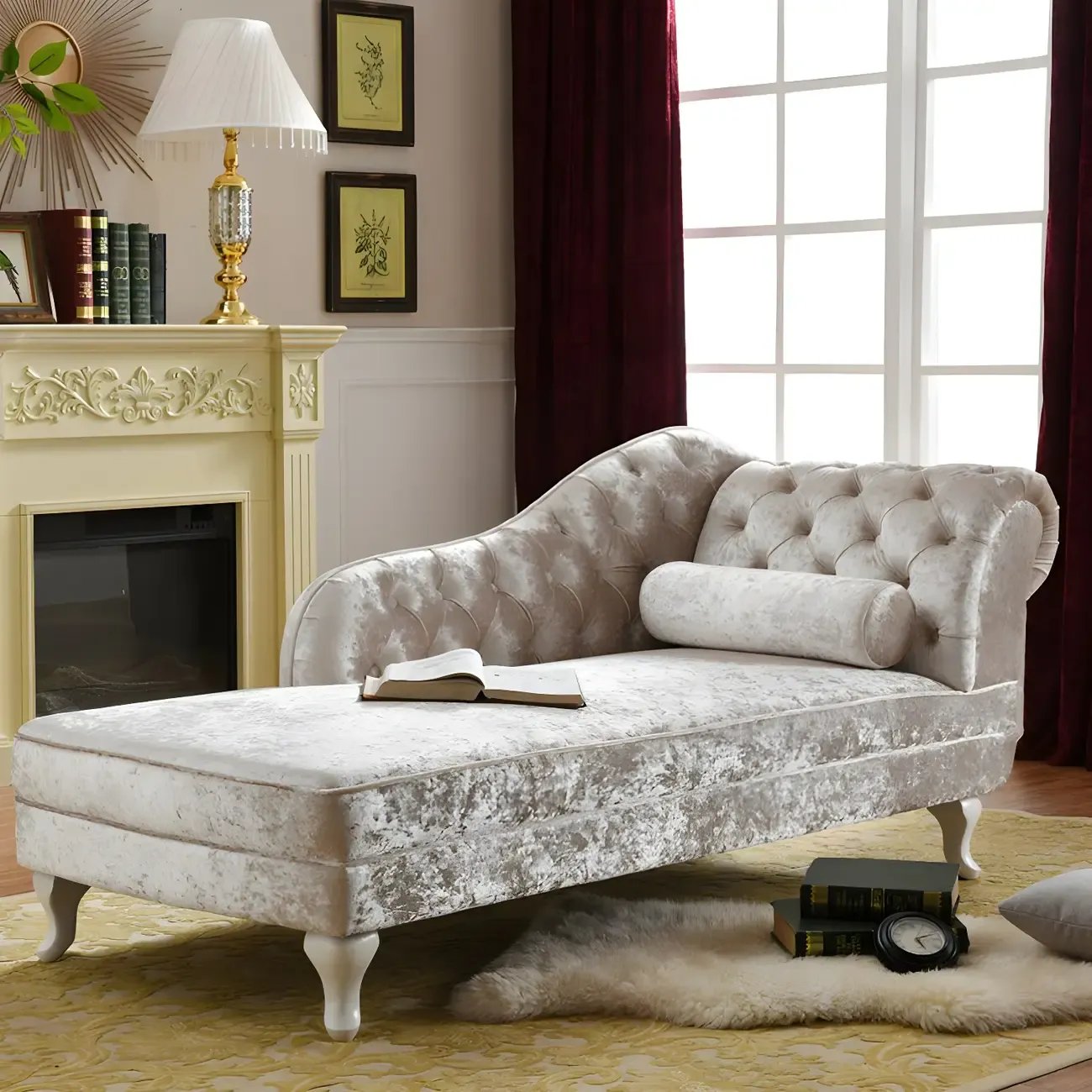 French Retro Modern Velvet Single Arm Facing Tufted Chaise Lounge with Pillow Image - 2
