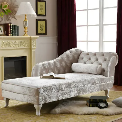 French Retro Modern Velvet Single Arm Facing Tufted Chaise Lounge with Pillow Image - 2