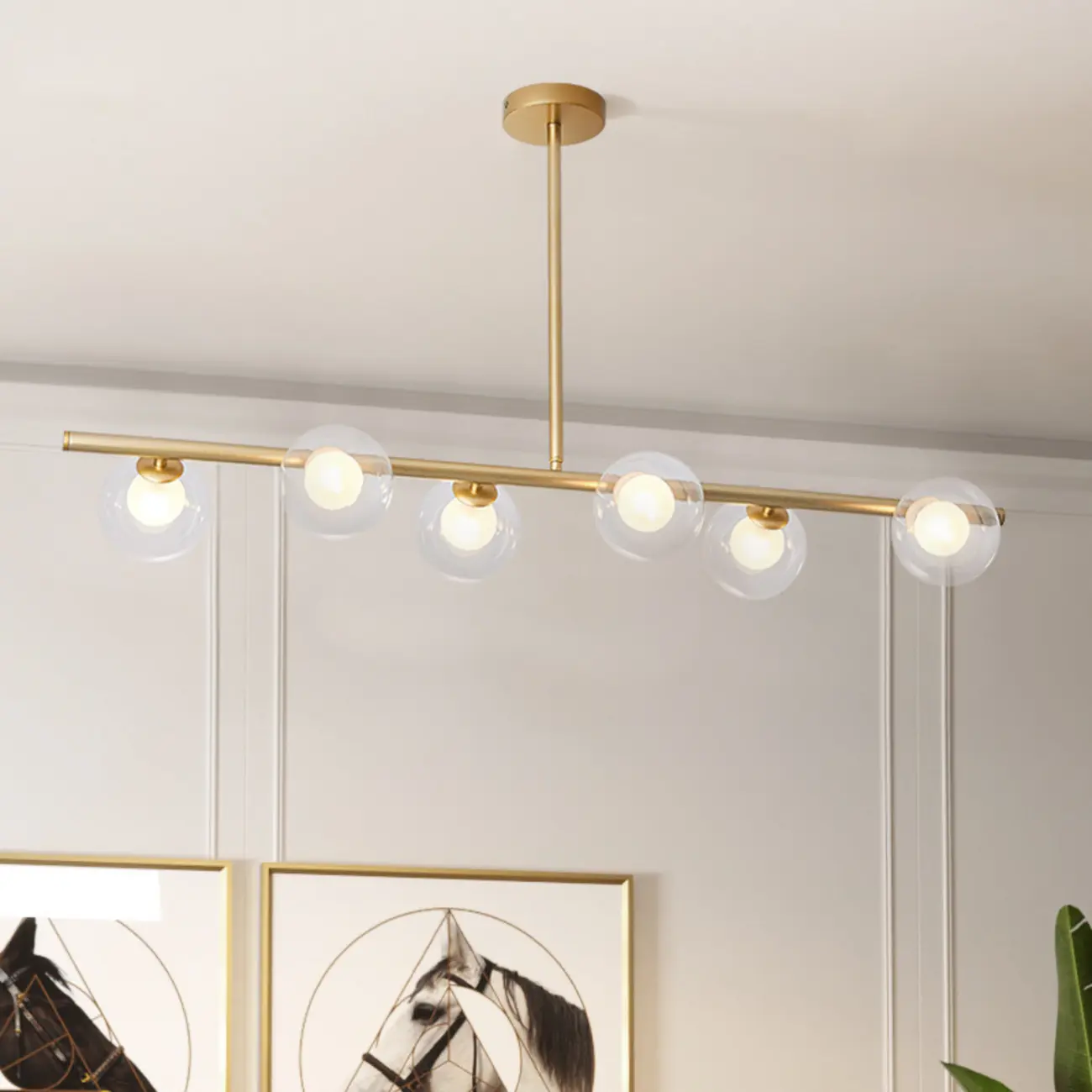 Gold Linear Island Light with 6 Lights Transparent Glass Globe Shades Image - 8 | homeyfad
