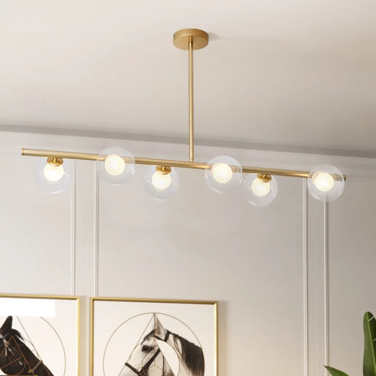 Gold Linear Island Light with 6 Lights Transparent Glass Globe Shades Image - 8
