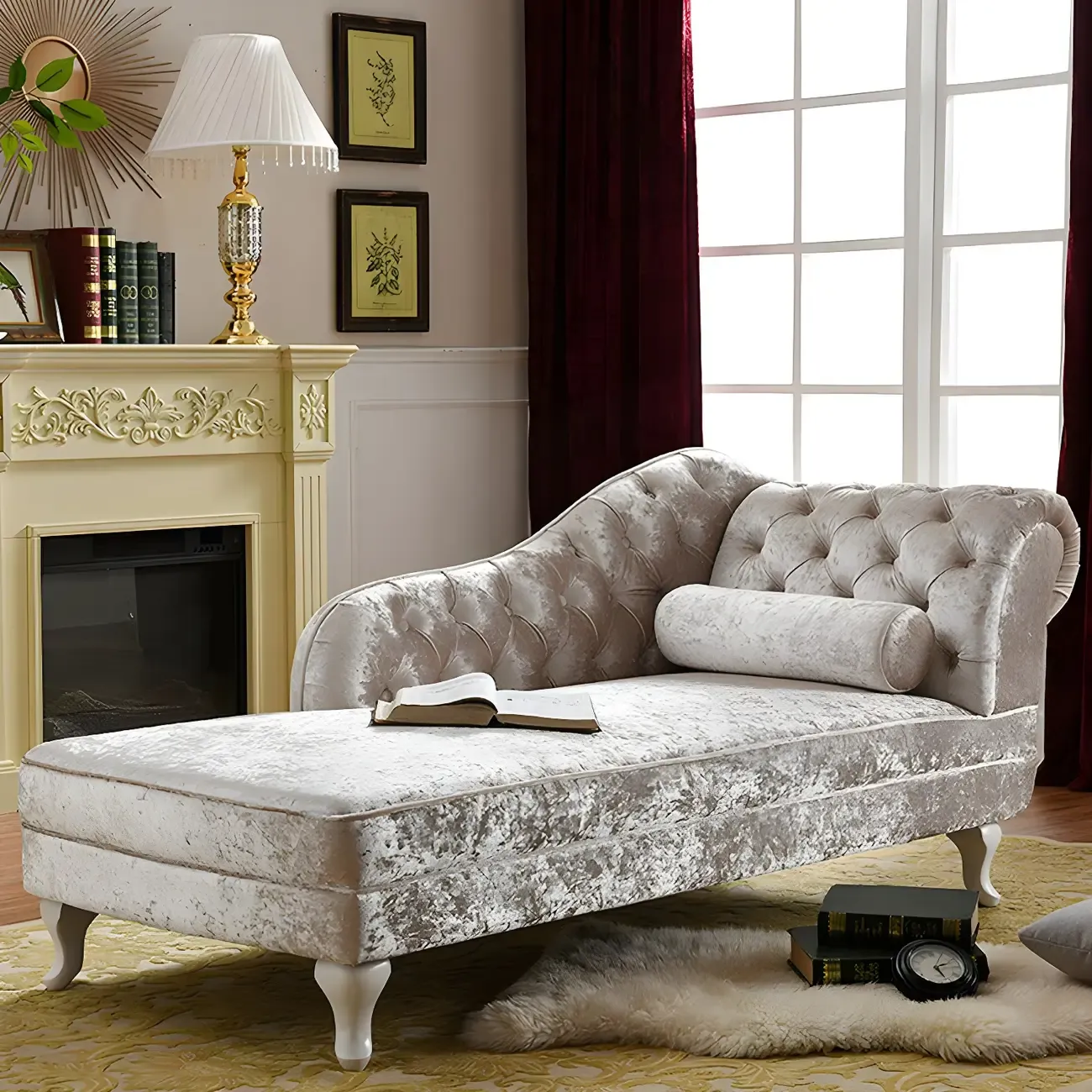 French Retro Modern Velvet Single Arm Facing Tufted Chaise Lounge with Pillow Image - 4