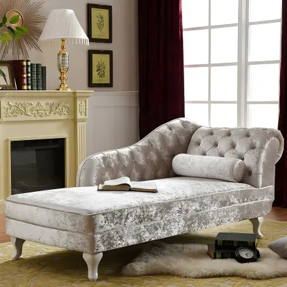 French Retro Modern Velvet Single Arm Facing Tufted Chaise Lounge with Pillow Image - 4