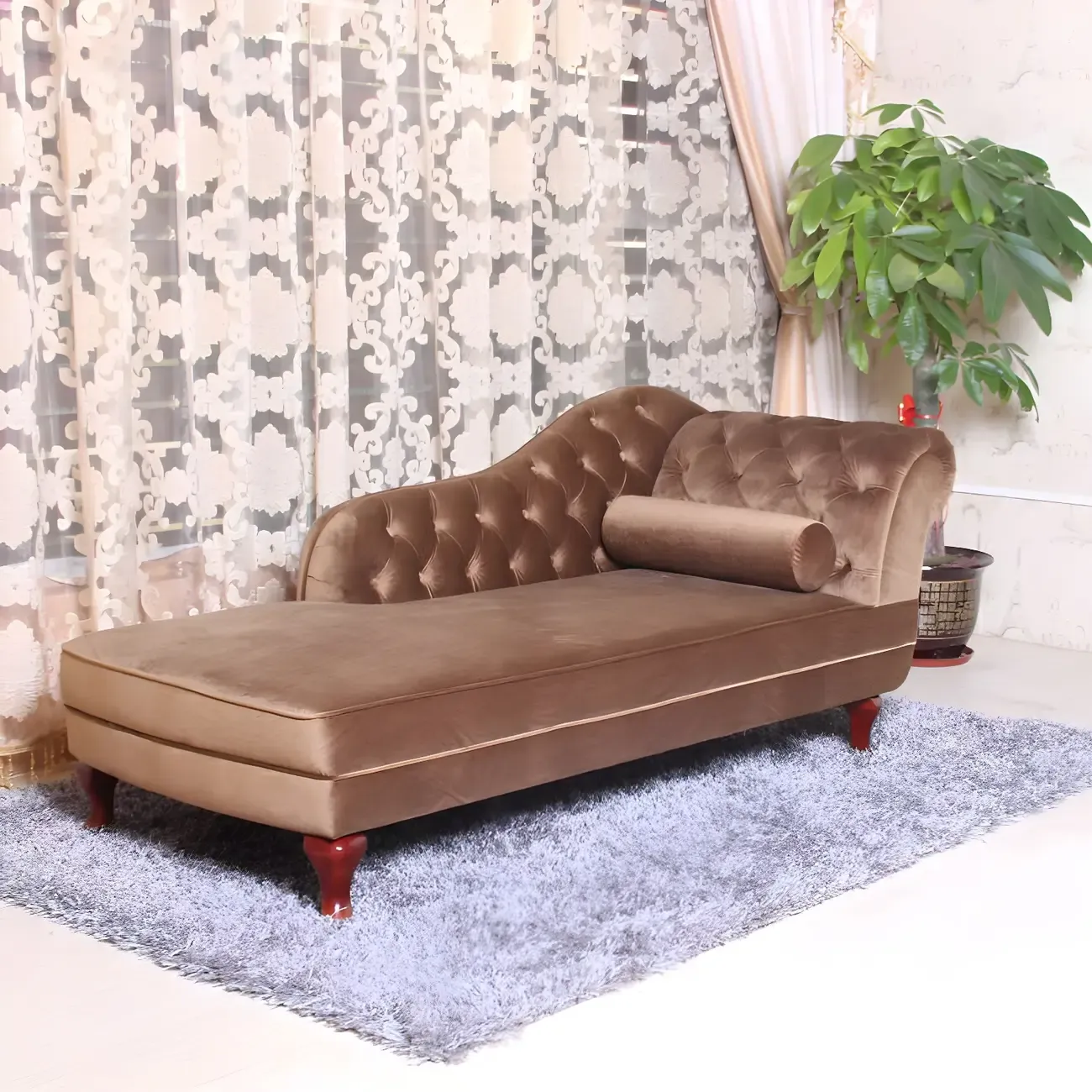 French Retro Modern Velvet Single Arm Facing Tufted Chaise Lounge with Pillow Image - 5