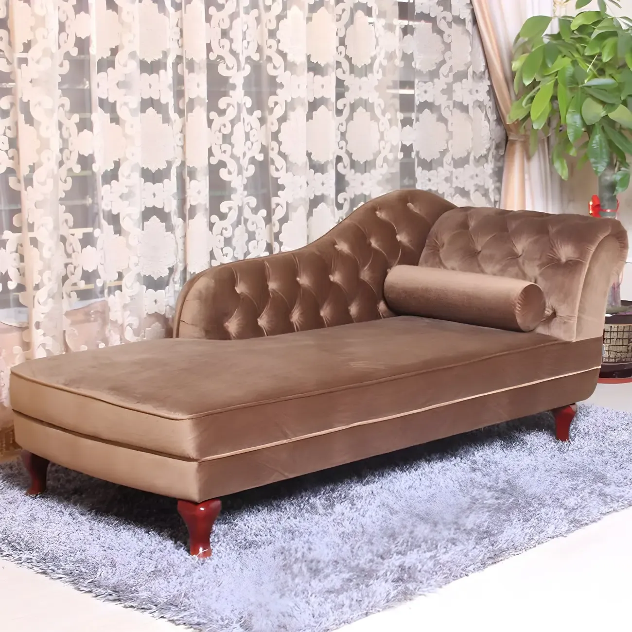 French Retro Modern Velvet Single Arm Facing Tufted Chaise Lounge with Pillow Image - 6