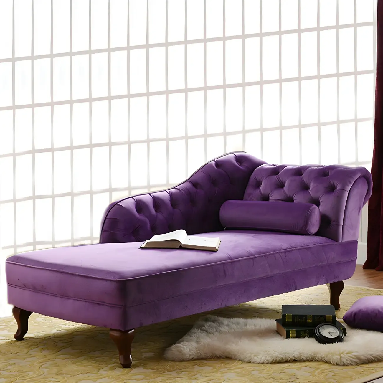 French Retro Modern Velvet Single Arm Facing Tufted Chaise Lounge with Pillow Image - 8