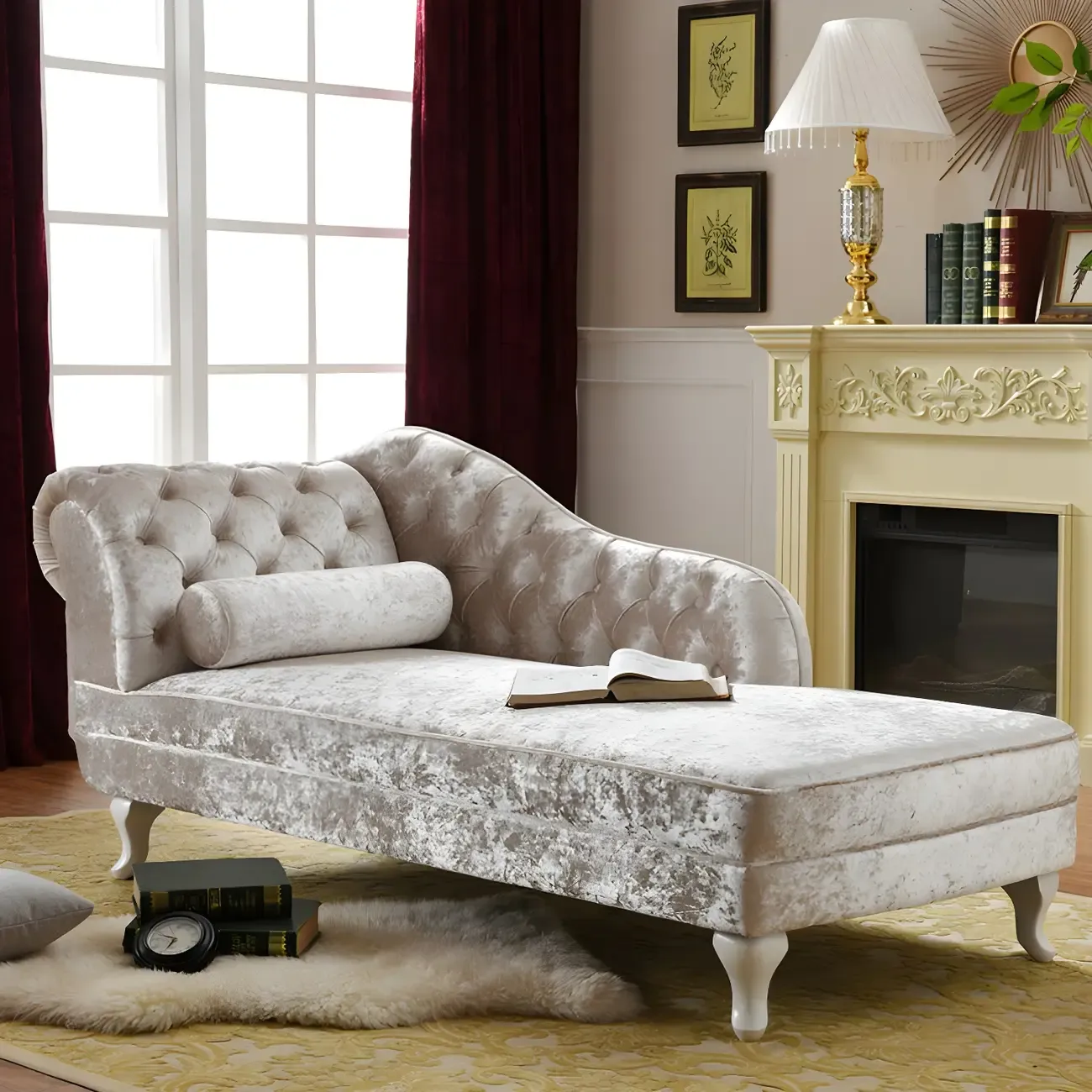French Retro Modern Velvet Single Arm Facing Tufted Chaise Lounge with Pillow Image - 9