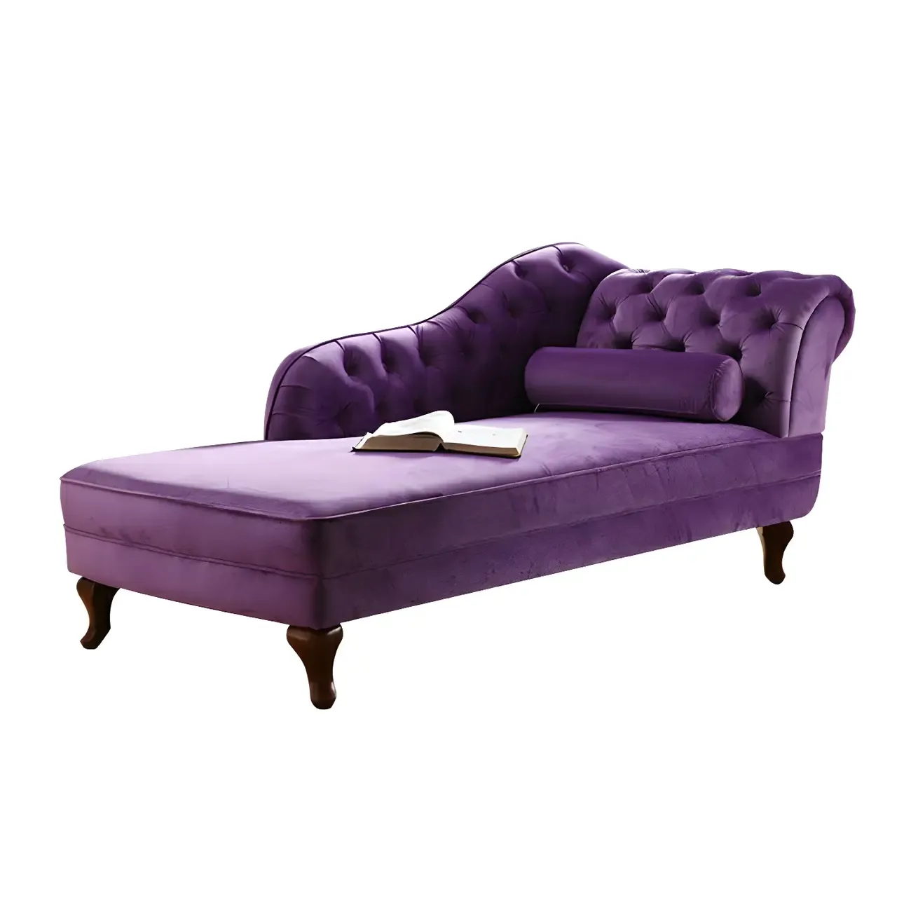 French Retro Modern Velvet Single Arm Facing Tufted Chaise Lounge with Pillow Image - 10