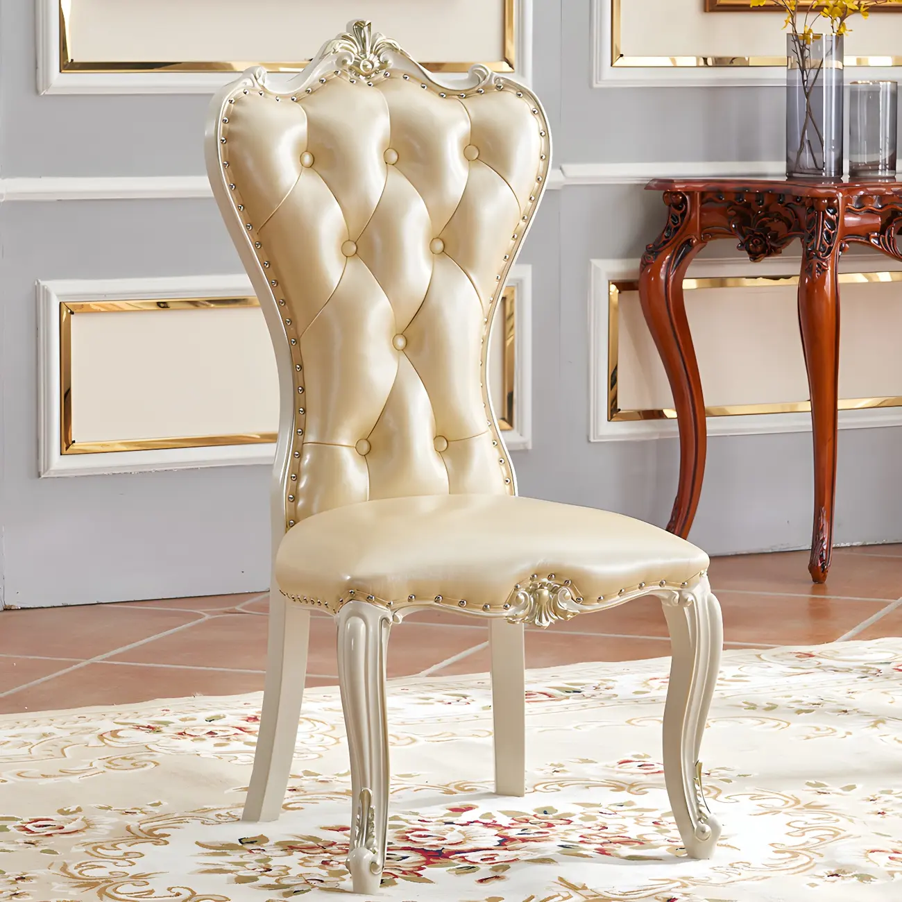Victorian Leather High Back Dining Chair Set of 2 Image - 6 | homeyfad