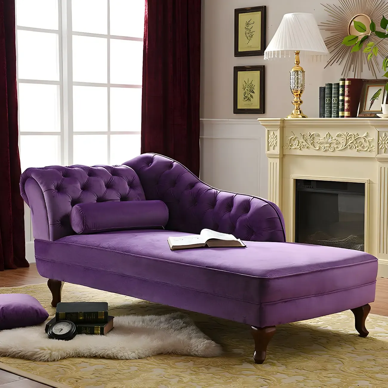 French Retro Modern Velvet Single Arm Facing Tufted Chaise Lounge with Pillow Image - 11