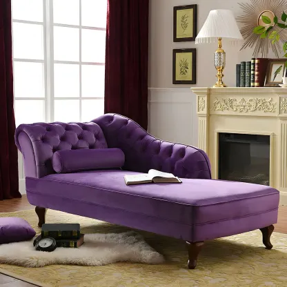 French Retro Modern Velvet Single Arm Facing Tufted Chaise Lounge with Pillow Image - 11