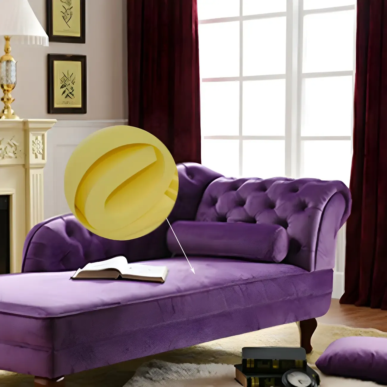French Retro Modern Velvet Single Arm Facing Tufted Chaise Lounge with Pillow Image - 12