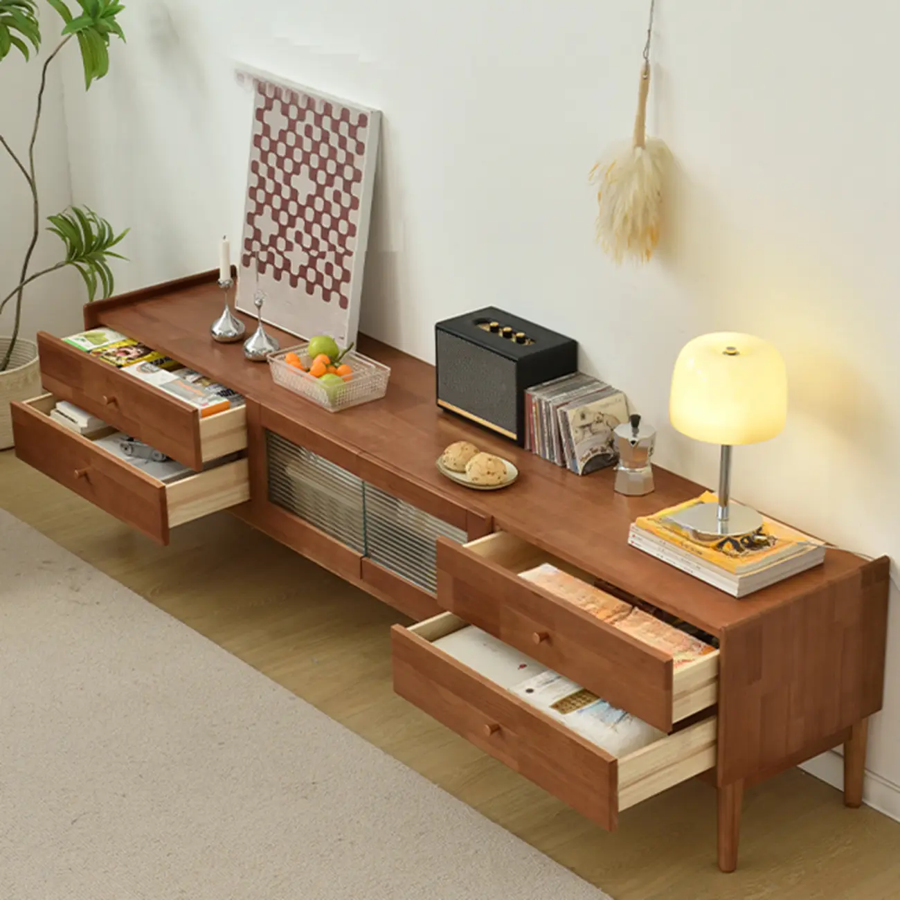 71" Rectangle Cherry Wood TV Stand with Cabinet & Drawers Image - 2 | homeyfad