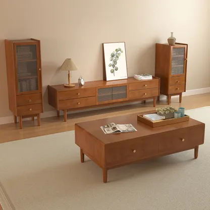 71" Rectangle Cherry Wood TV Stand with Cabinet & Drawers Image - 3