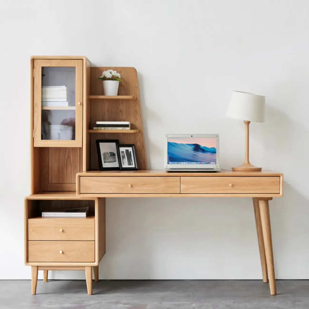 Modern Wooden Writing Desk with Drawers & Shelves in Walnut Image - 1