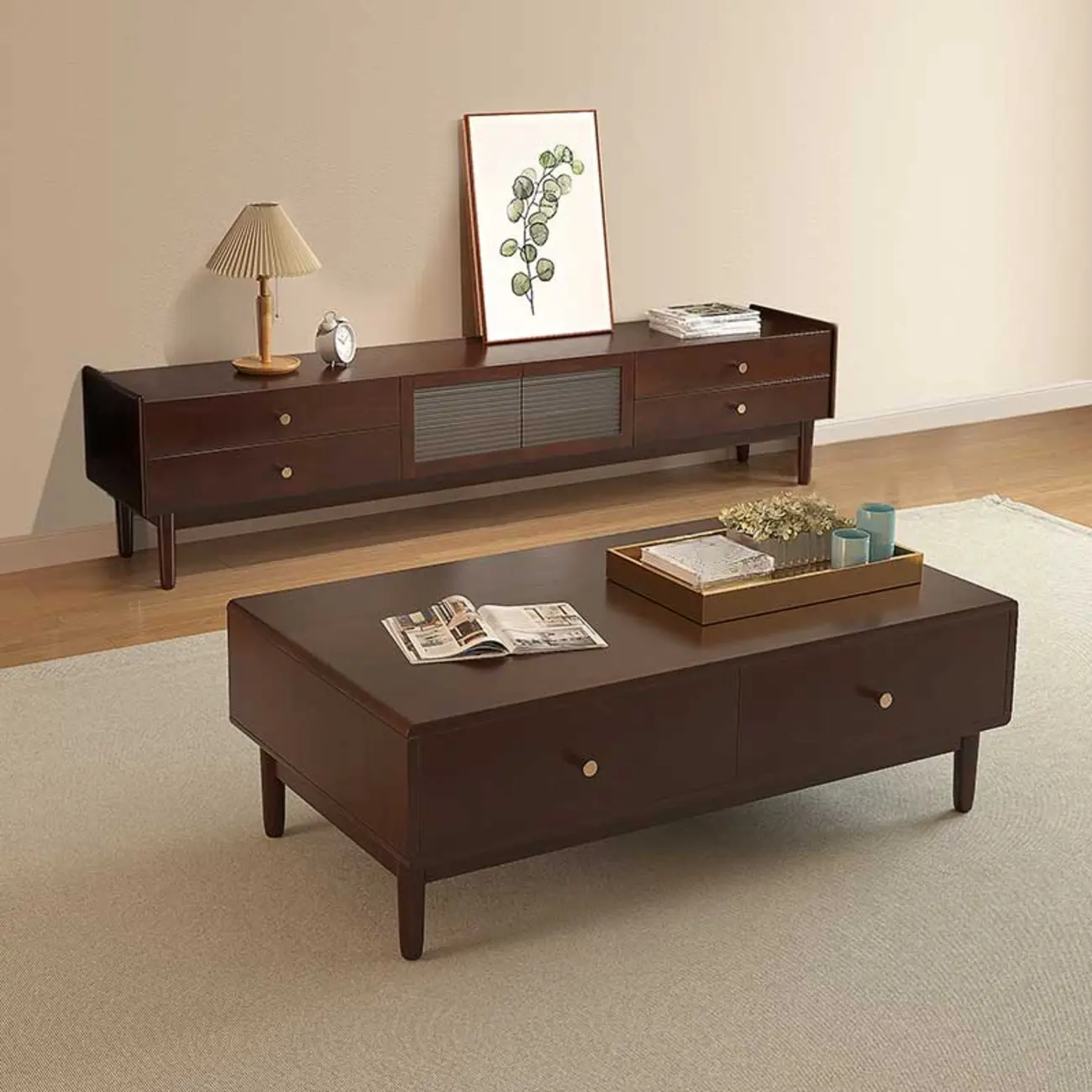 71" Rectangle Cherry Wood TV Stand with Cabinet & Drawers Image - 4 | homeyfad