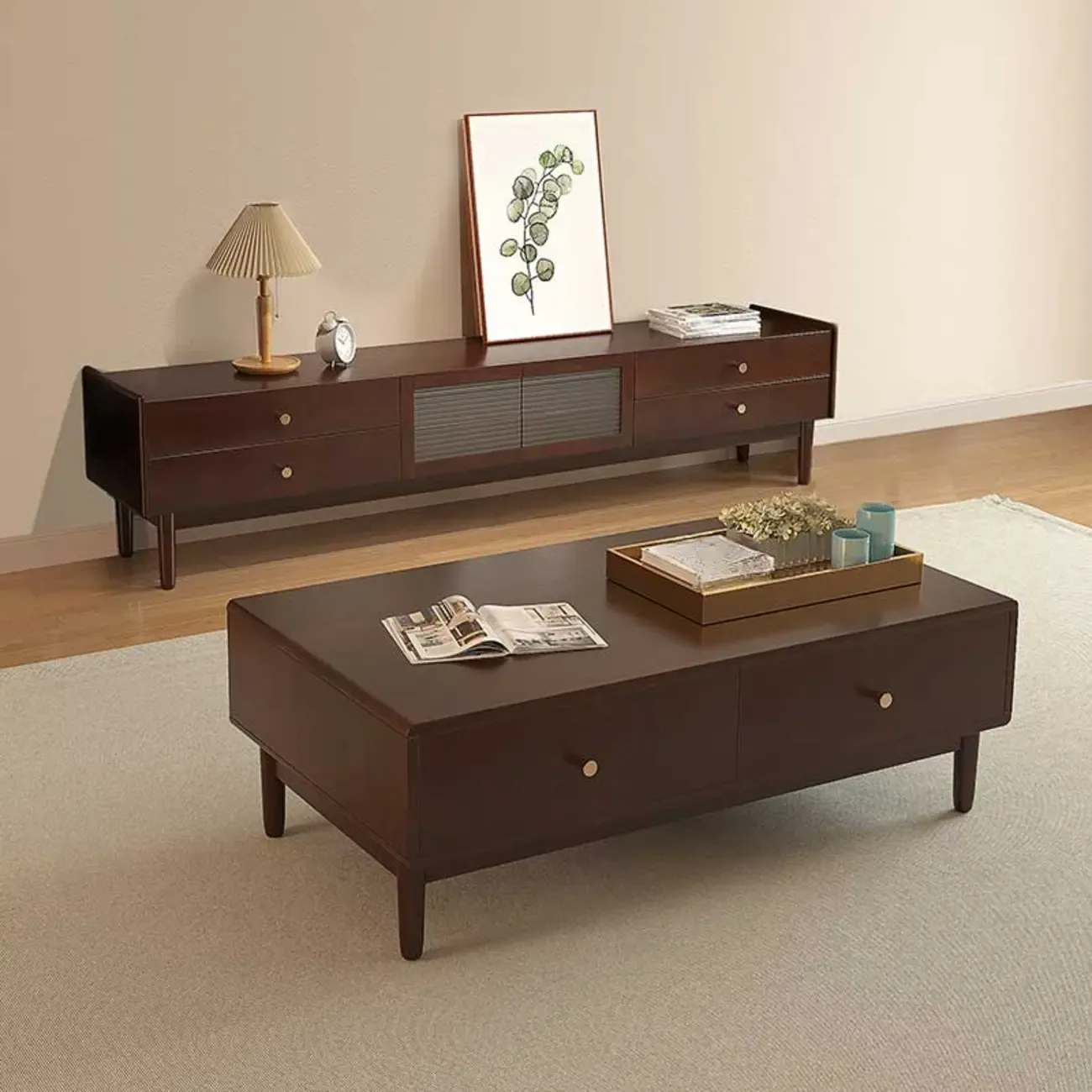 71" Rectangle Cherry Wood TV Stand with Cabinet & Drawers Image - 4