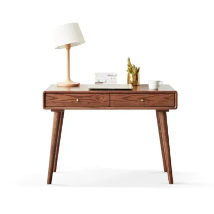 Modern Wooden Writing Desk with Drawers & Shelves in Walnut Image - 2