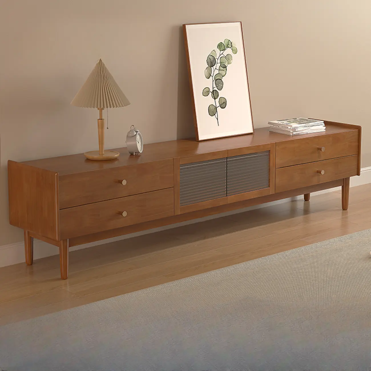 71" Rectangle Cherry Wood TV Stand with Cabinet & Drawers Image - 5 | homeyfad