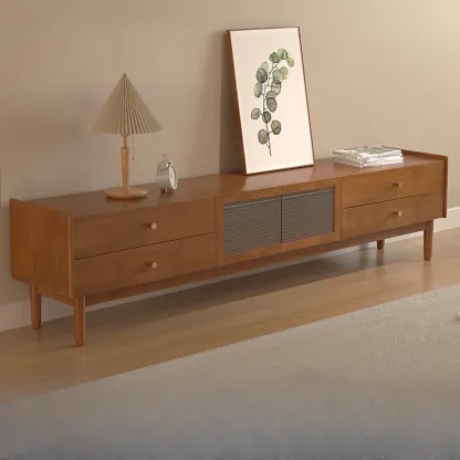 71" Rectangle Cherry Wood TV Stand with Cabinet & Drawers Image - 5