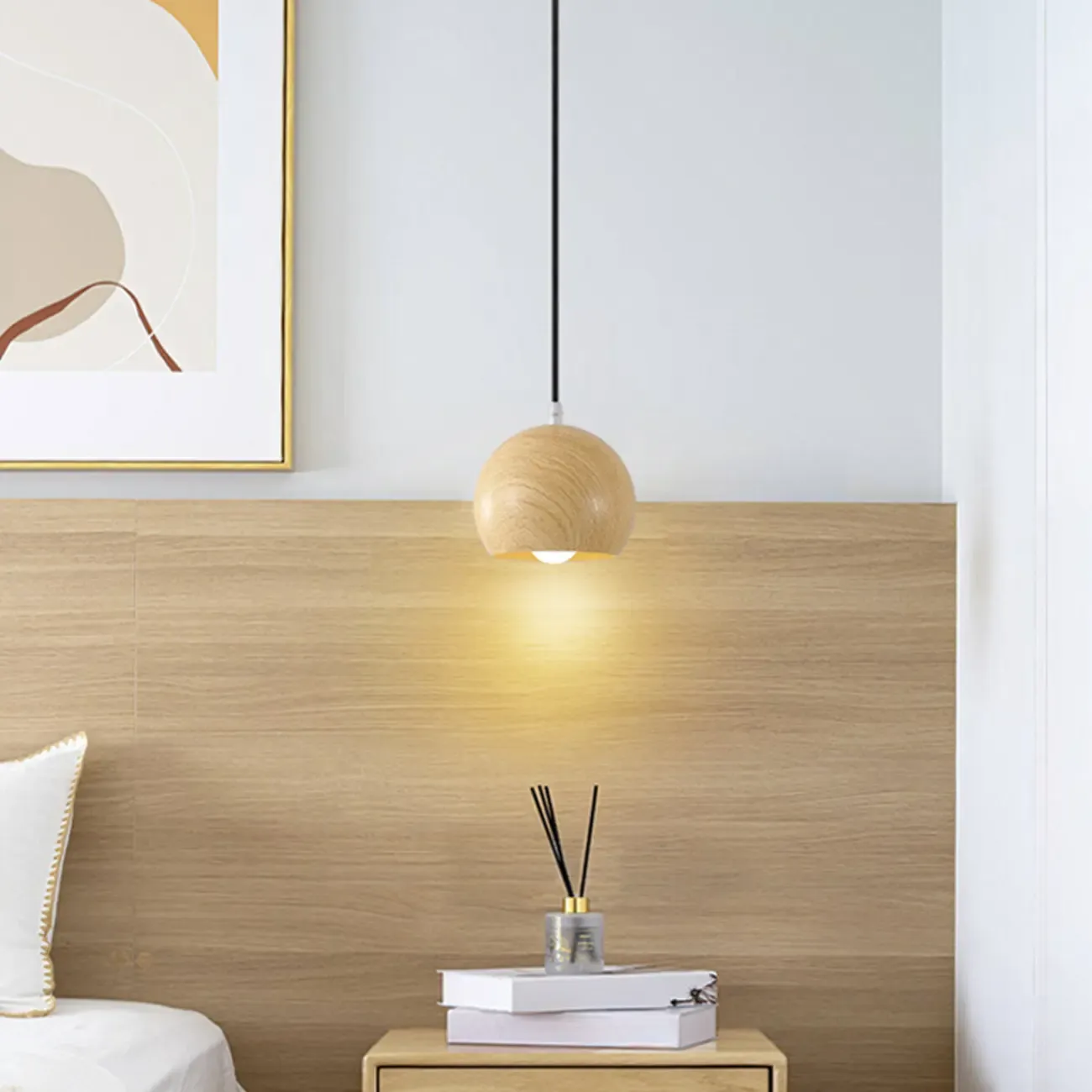 Minimalist Mini Wood Globe Pendant Light for Bedside Image - 1