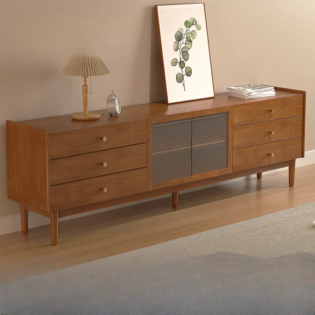 71" Rectangle Cherry Wood TV Stand with Cabinet & Drawers Image - 1 | homeyfad