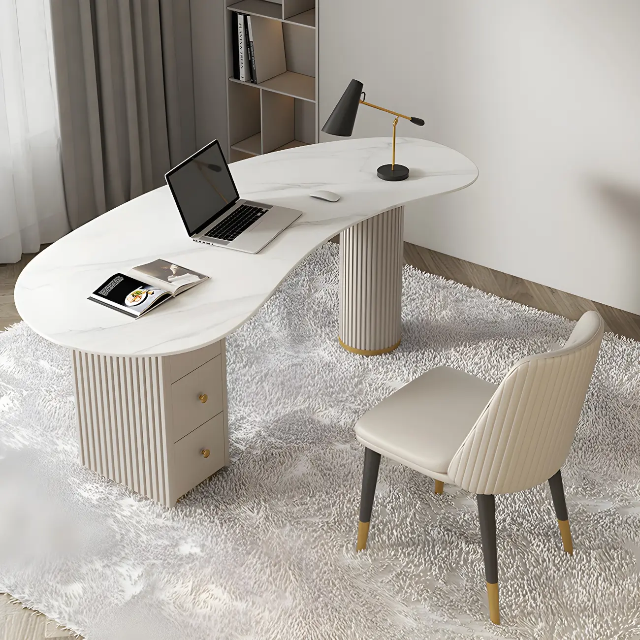 Modern White Curved 3-Drawer Desk with Leather Pedestal Image - 1 | homeyfad