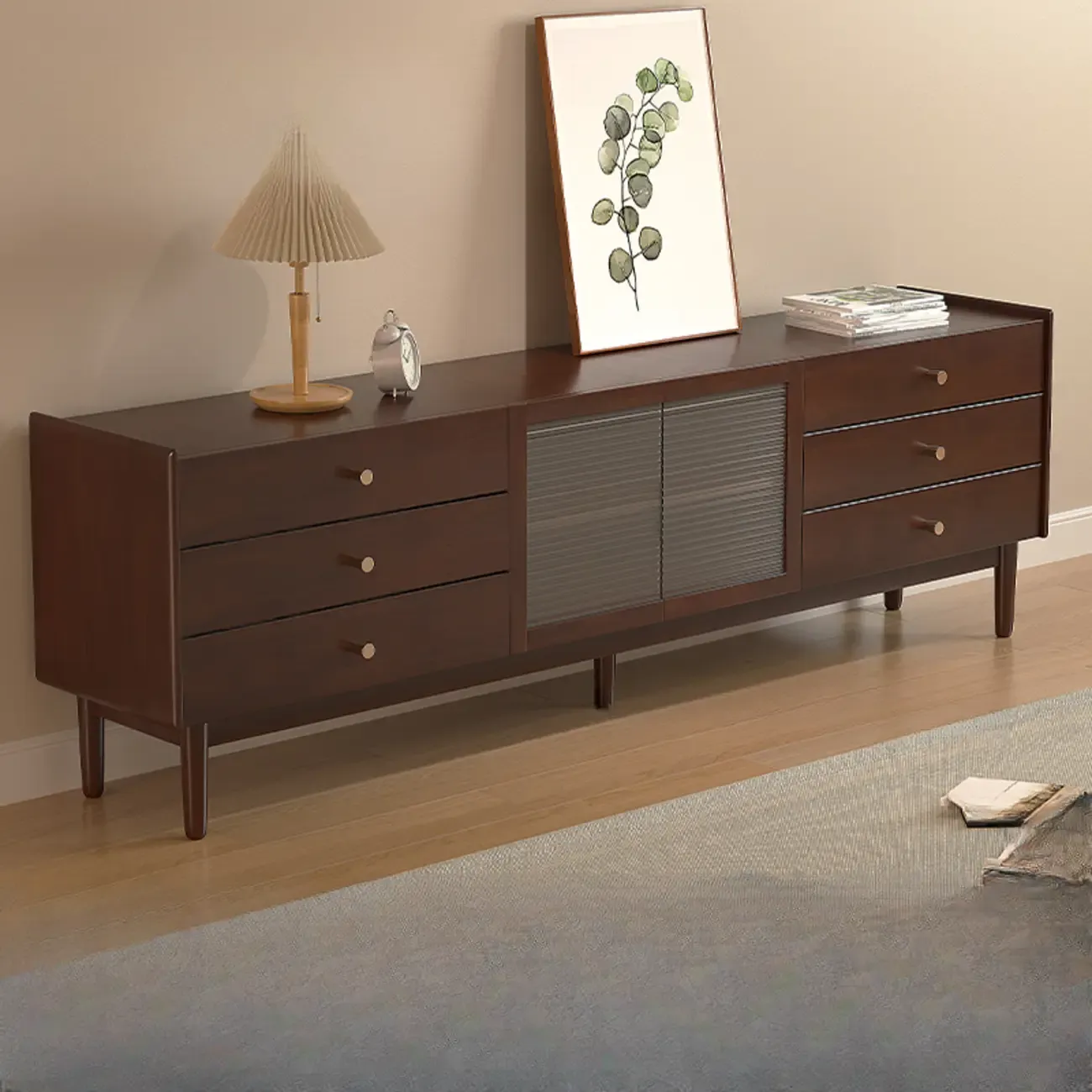 71" Rectangle Cherry Wood TV Stand with Cabinet & Drawers Image - 6