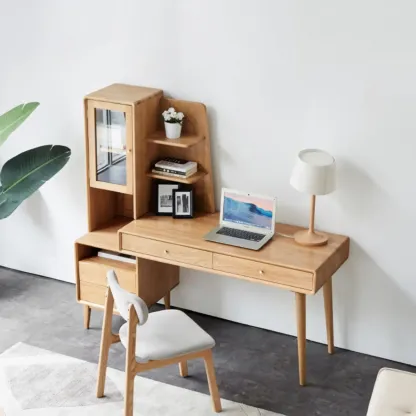 Modern Wooden Writing Desk with Drawers & Shelves in Walnut Image - 5