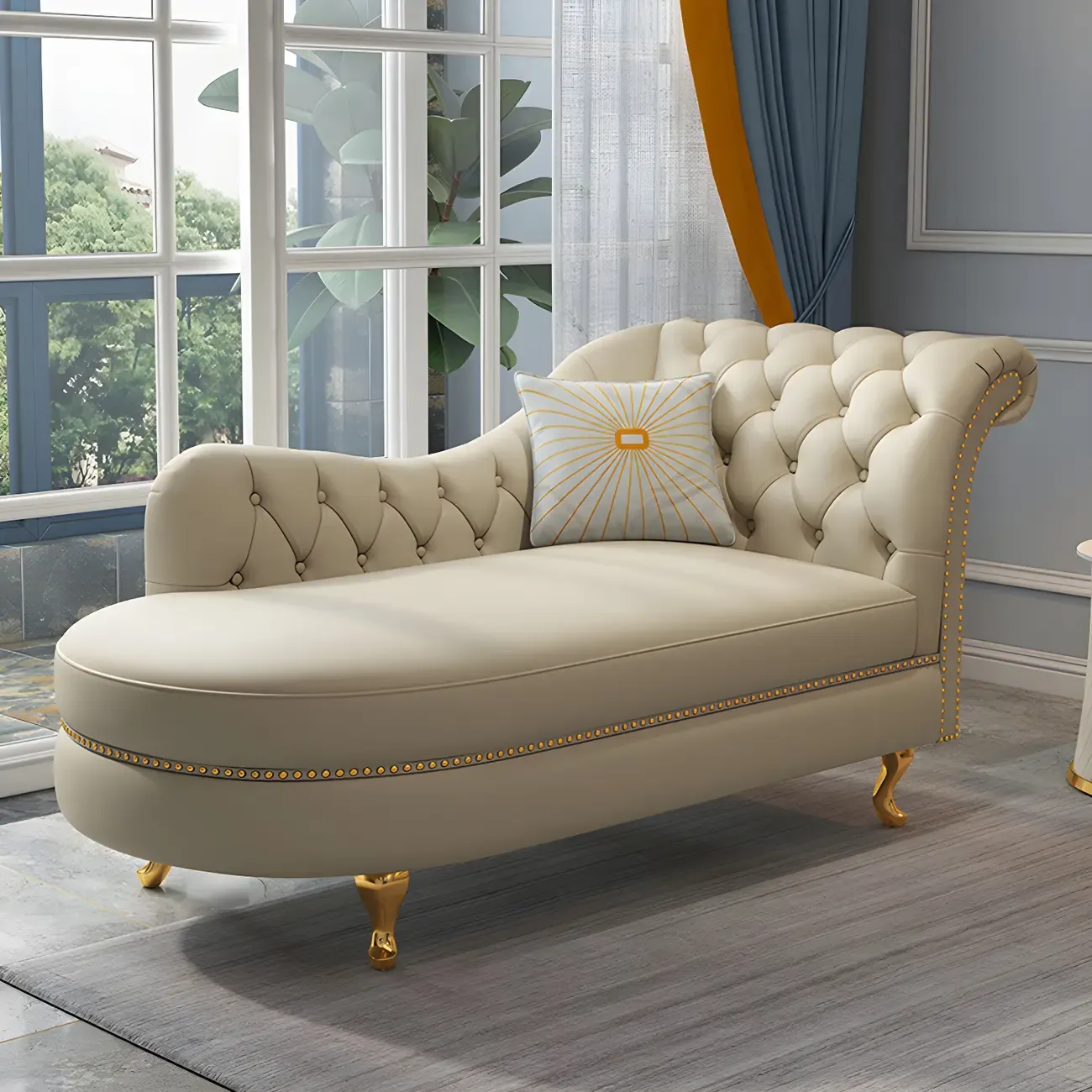 Genuine Leather Grey One Arm Indoor Chaise Lounge with Nailhead Trim and Pillow Image - 1