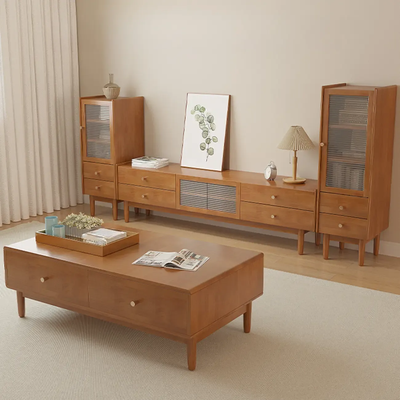 71" Rectangle Cherry Wood TV Stand with Cabinet & Drawers Image - 7