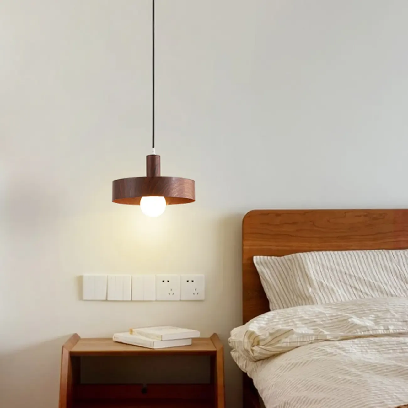 Minimalist Mini Wood Globe Pendant Light for Bedside Image - 5