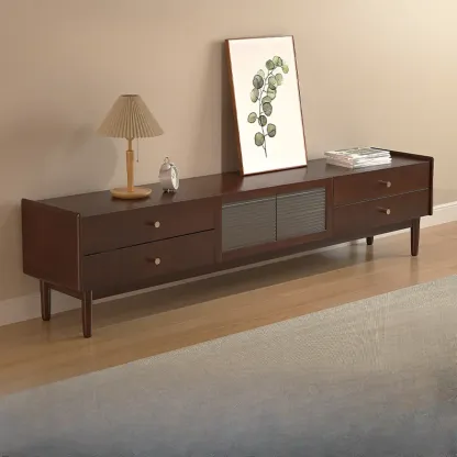 71" Rectangle Cherry Wood TV Stand with Cabinet & Drawers Image - 8