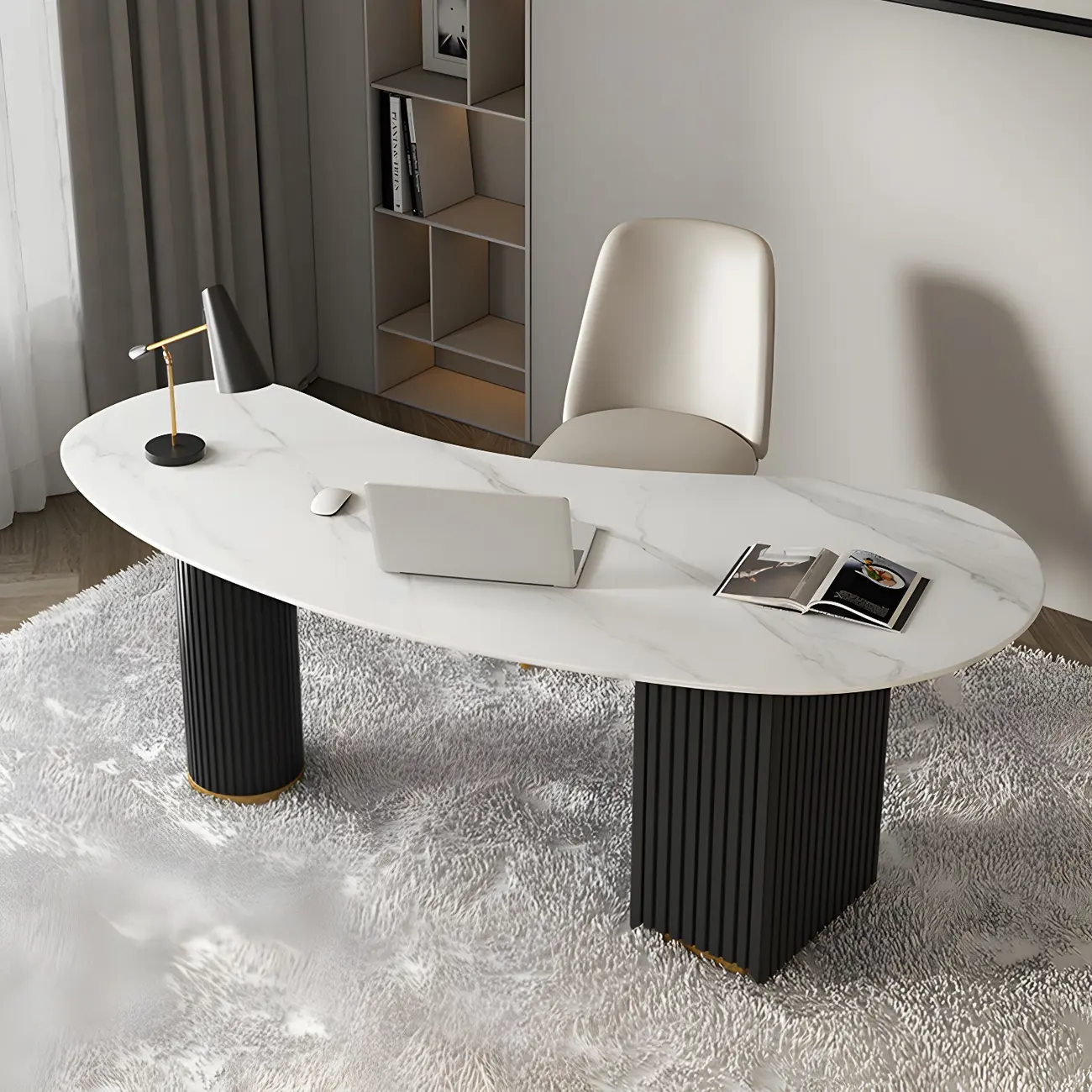 Modern White Curved 3-Drawer Desk with Leather Pedestal Image - 3 | homeyfad