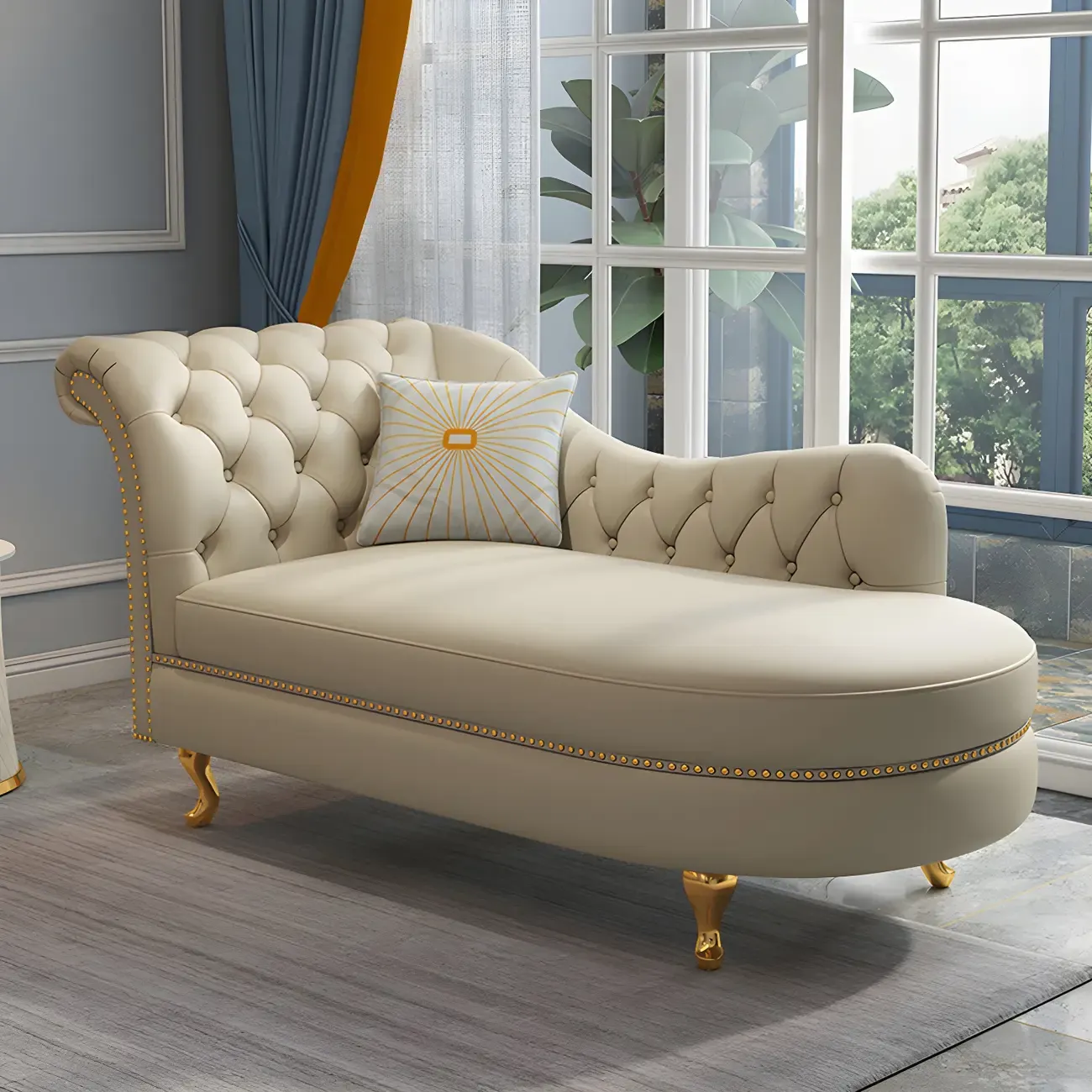 Genuine Leather Grey One Arm Indoor Chaise Lounge with Nailhead Trim and Pillow Image - 2