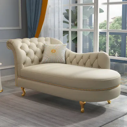 Genuine Leather Grey One Arm Indoor Chaise Lounge with Nailhead Trim and Pillow Image - 2