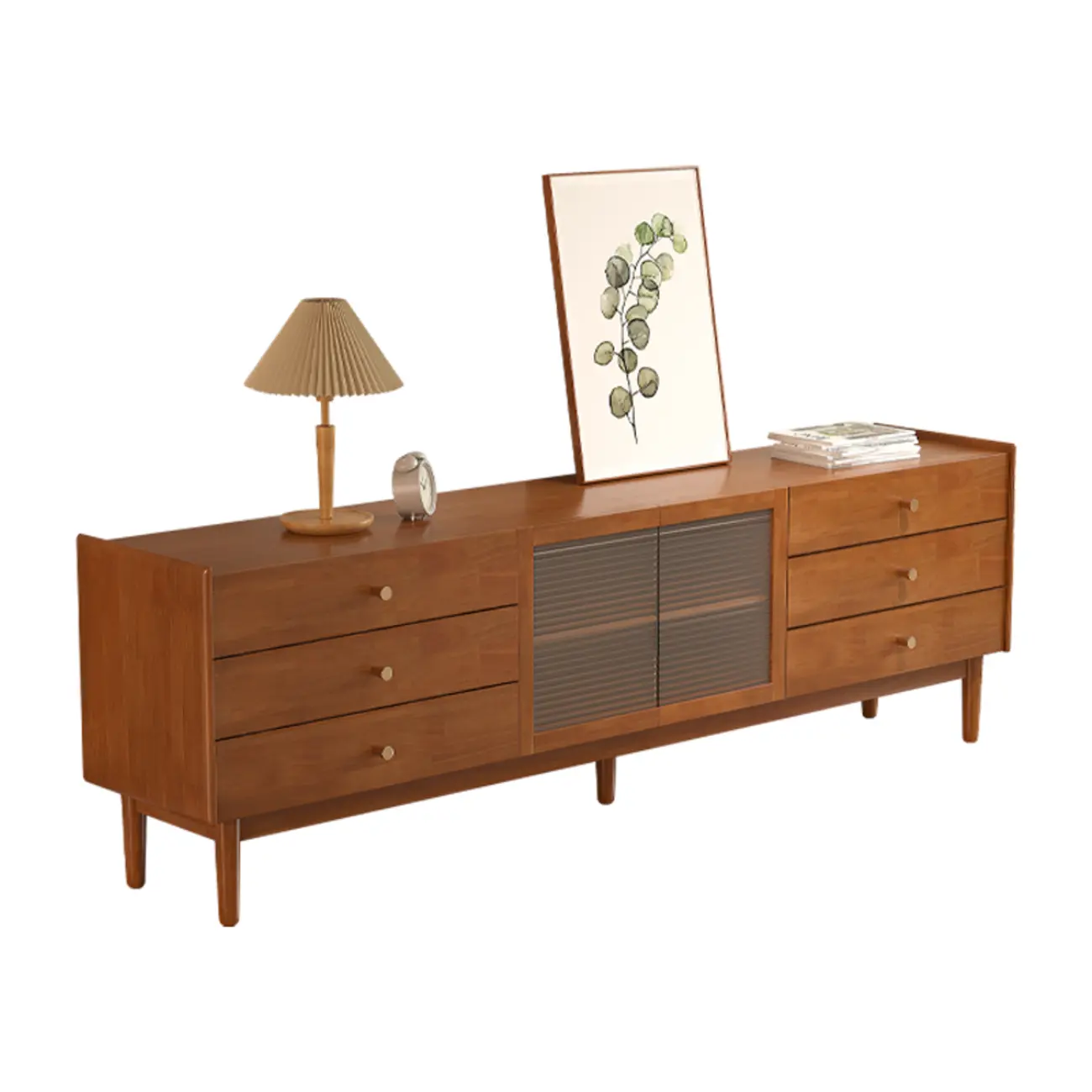 71" Rectangle Cherry Wood TV Stand with Cabinet & Drawers Image - 9 | homeyfad