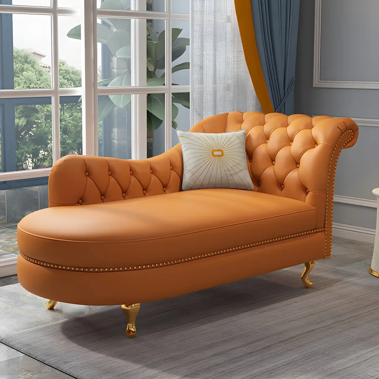Genuine Leather Grey One Arm Indoor Chaise Lounge with Nailhead Trim and Pillow Image - 3