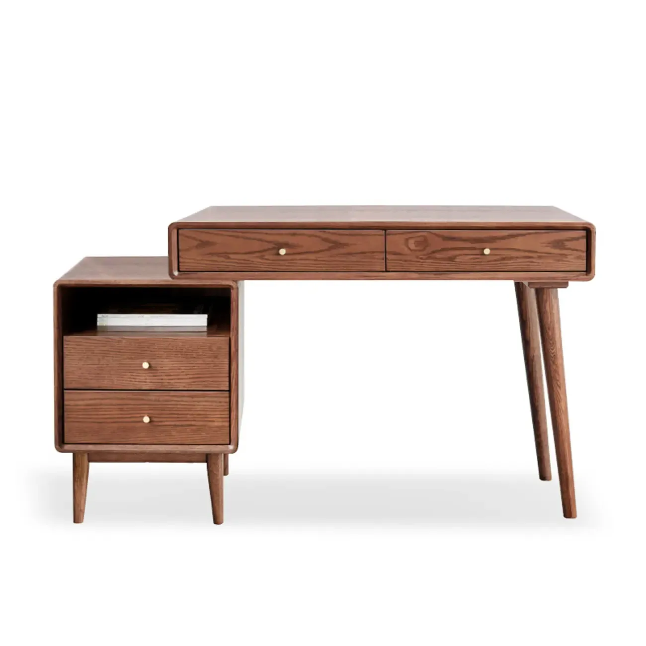 Modern Wooden Writing Desk with Drawers & Shelves in Walnut Image - 9